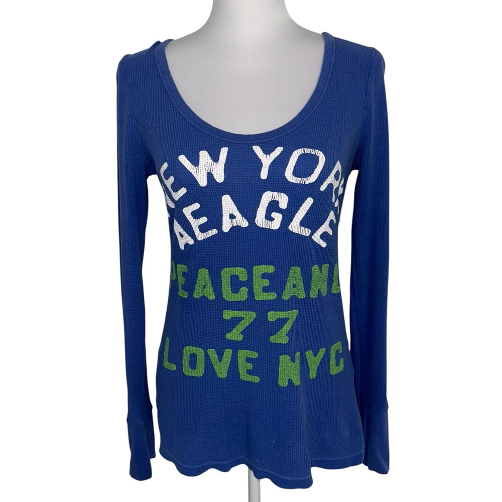 VTG American‎ Eagle Outfitters Waffle Knit Graphic Long Sleeve Top Blue XL Y2K